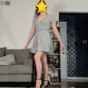 Flirty Faux Wrap Skater Mini Dress - Girly Grey Thick Knit Fabric, Bow Tie Waist